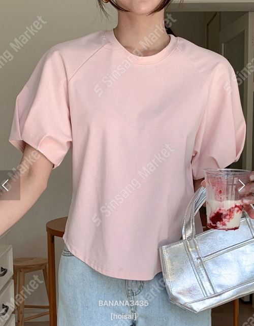 LBN60605 泡泡袖棉質短袖上衣 | 寬鬆圓領蓬袖T恤 Korean Puff Sleeve Cotton Top