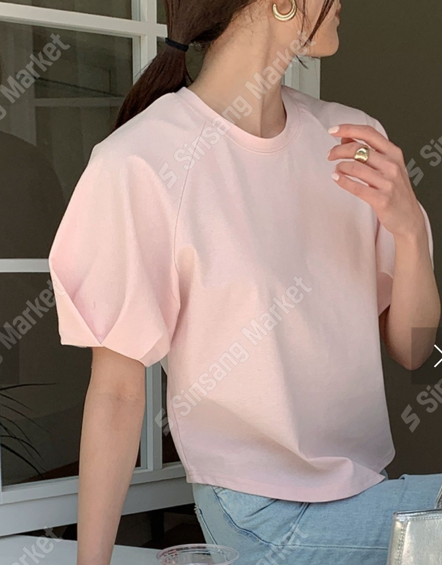 LBN60605 泡泡袖棉質短袖上衣 | 寬鬆圓領蓬袖T恤 Korean Puff Sleeve Cotton Top