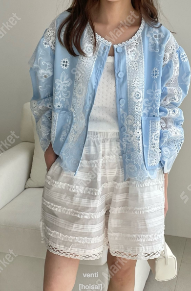 LVN60602韓國鏤空刺繡蕾絲短版外套｜韓系布包鈕輕薄 Jacket Korean Embroidered Lace Jacket