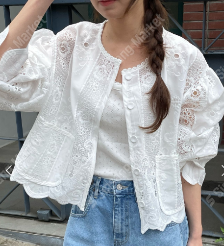 LVN60602韓國鏤空刺繡蕾絲短版外套｜韓系布包鈕輕薄 Jacket Korean Embroidered Lace Jacket