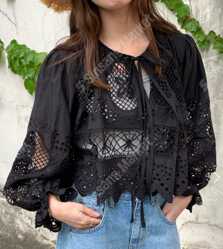 LVN60601韓國鏤空刺繡綁帶泡泡袖上衣｜韓系短版蕾絲罩衫 Korean Eyelet Lace Blouse
