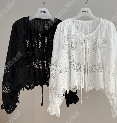LVN60601韓國鏤空刺繡綁帶泡泡袖上衣｜韓系短版蕾絲罩衫 Korean Eyelet Lace Blouse