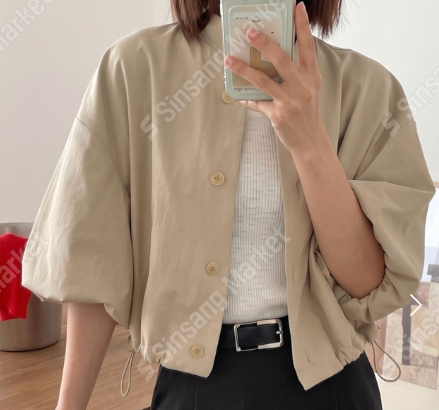 H08 High Neck Balloon Puff Sleeve Cropped Jacket