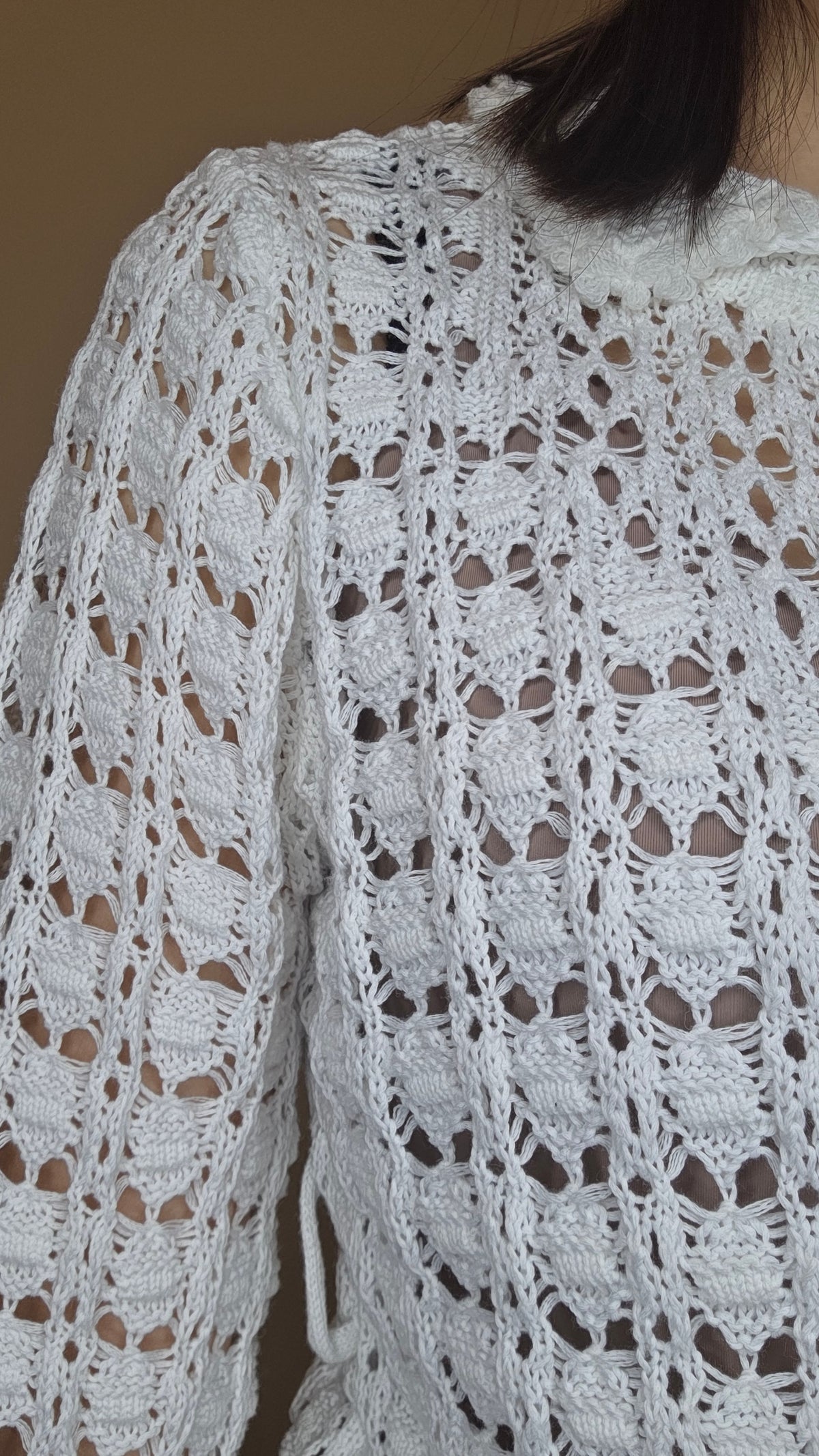 LS60604韓國鏤空花紋娃娃領長袖針織上衣｜韓系口袋 Crochet Knit Top