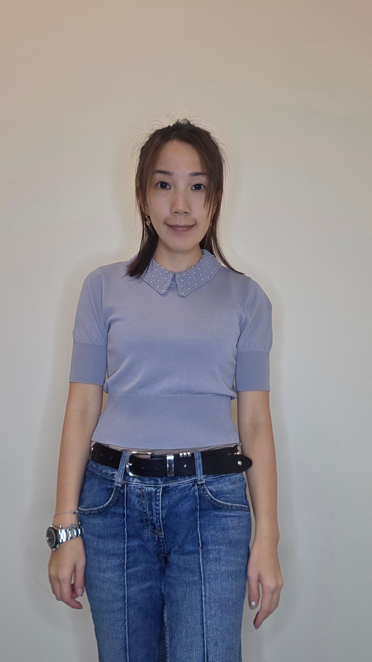 LS60602 韓國珍珠娃娃領修身短袖針織上衣｜韓系氣質 Knit Top Korean Pearl Collar Knit Top
