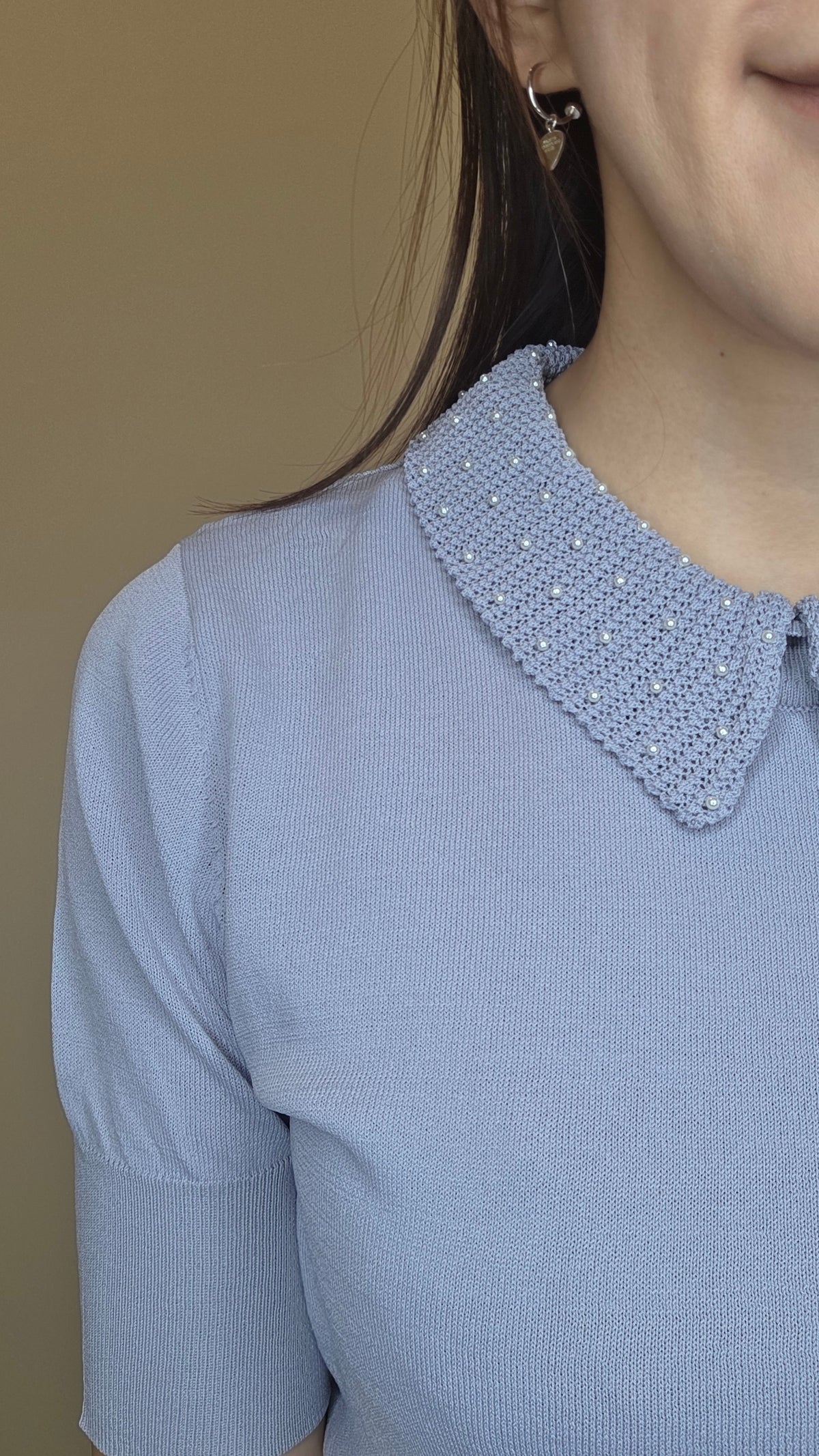 LS60602 韓國珍珠娃娃領修身短袖針織上衣｜韓系氣質 Knit Top Korean Pearl Collar Knit Top