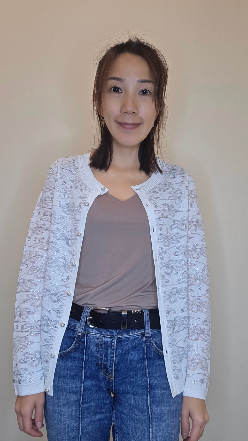 LS60603韓國閃石花卉珍珠鈕針織外套｜韓系氣質圓領 Cardigan Korean Rhinestone Floral Knit Cardigan