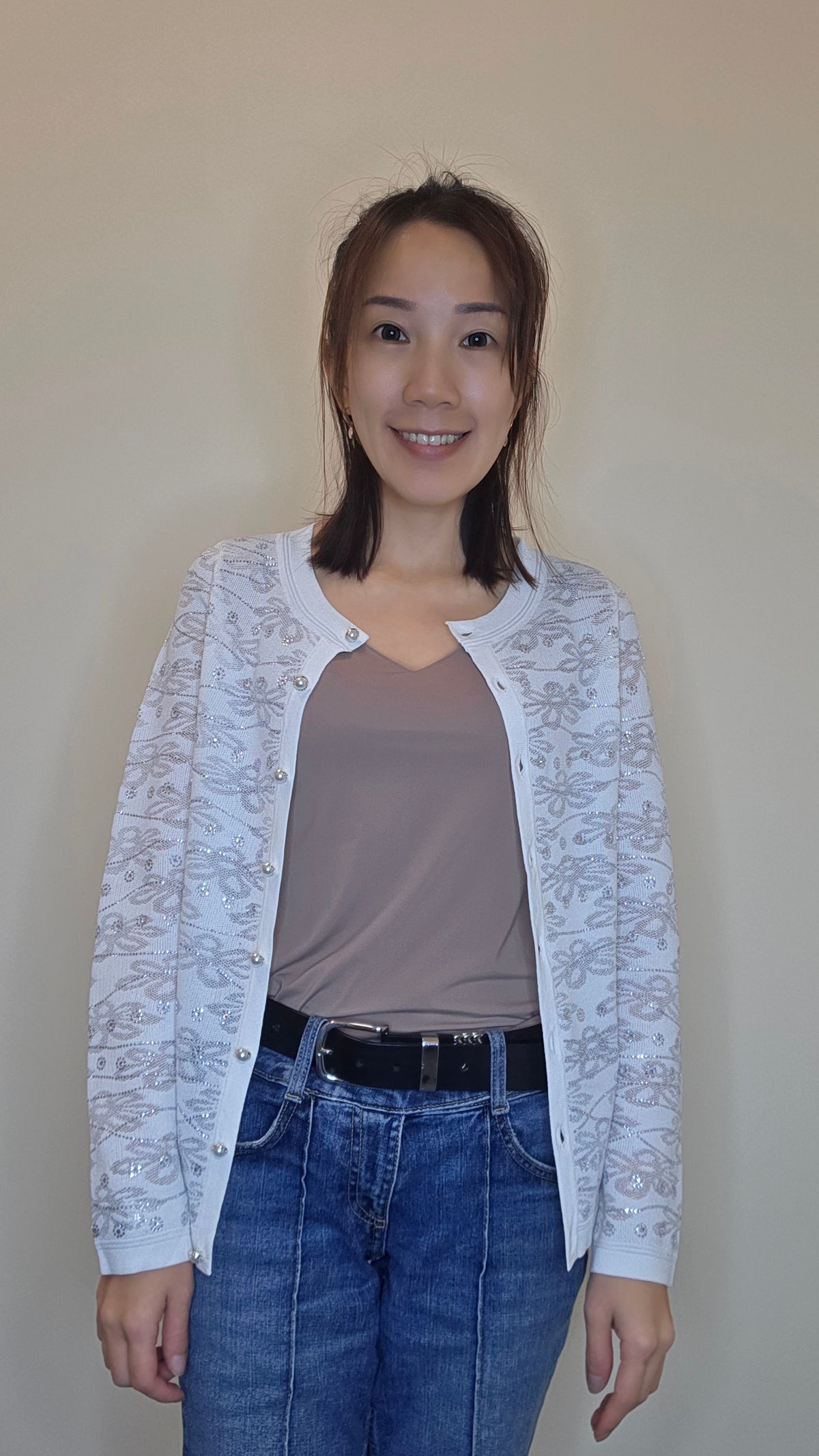 LS60603韓國閃石花卉珍珠鈕針織外套｜韓系氣質圓領 Cardigan Korean Rhinestone Floral Knit Cardigan