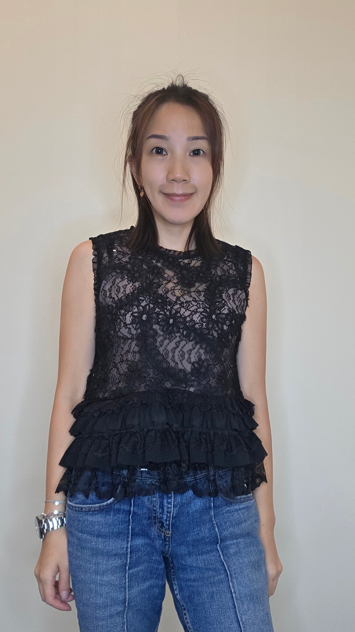 LS60614 韓國蕾絲荷葉拼接無袖上衣｜層次感透膚 Lace Top
