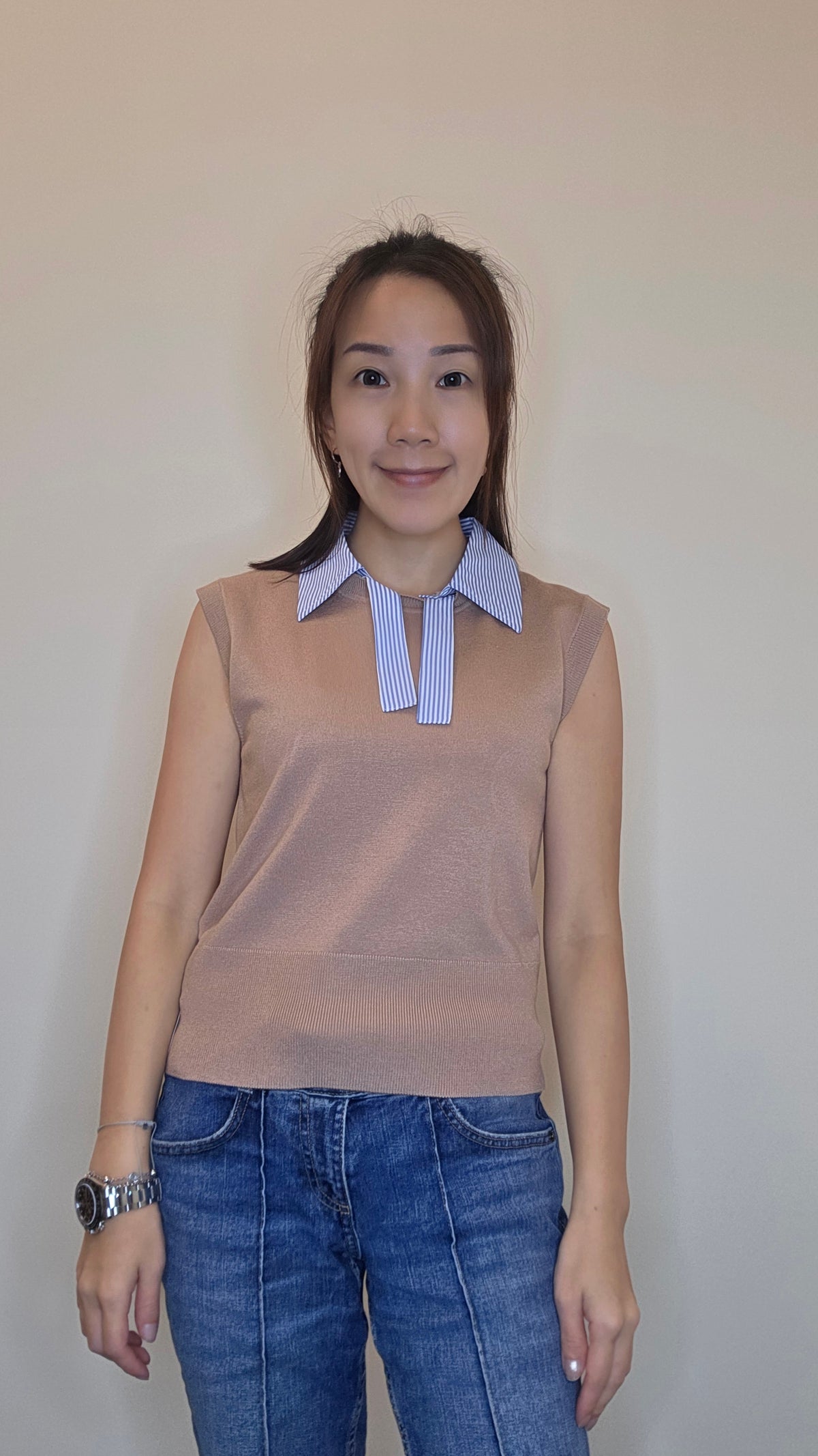 LS60605韓國條紋恤衫領綁帶無袖針織上衣｜韓系輕熟 Knit Top Korean Striped Collar Sleeveless Knit Top