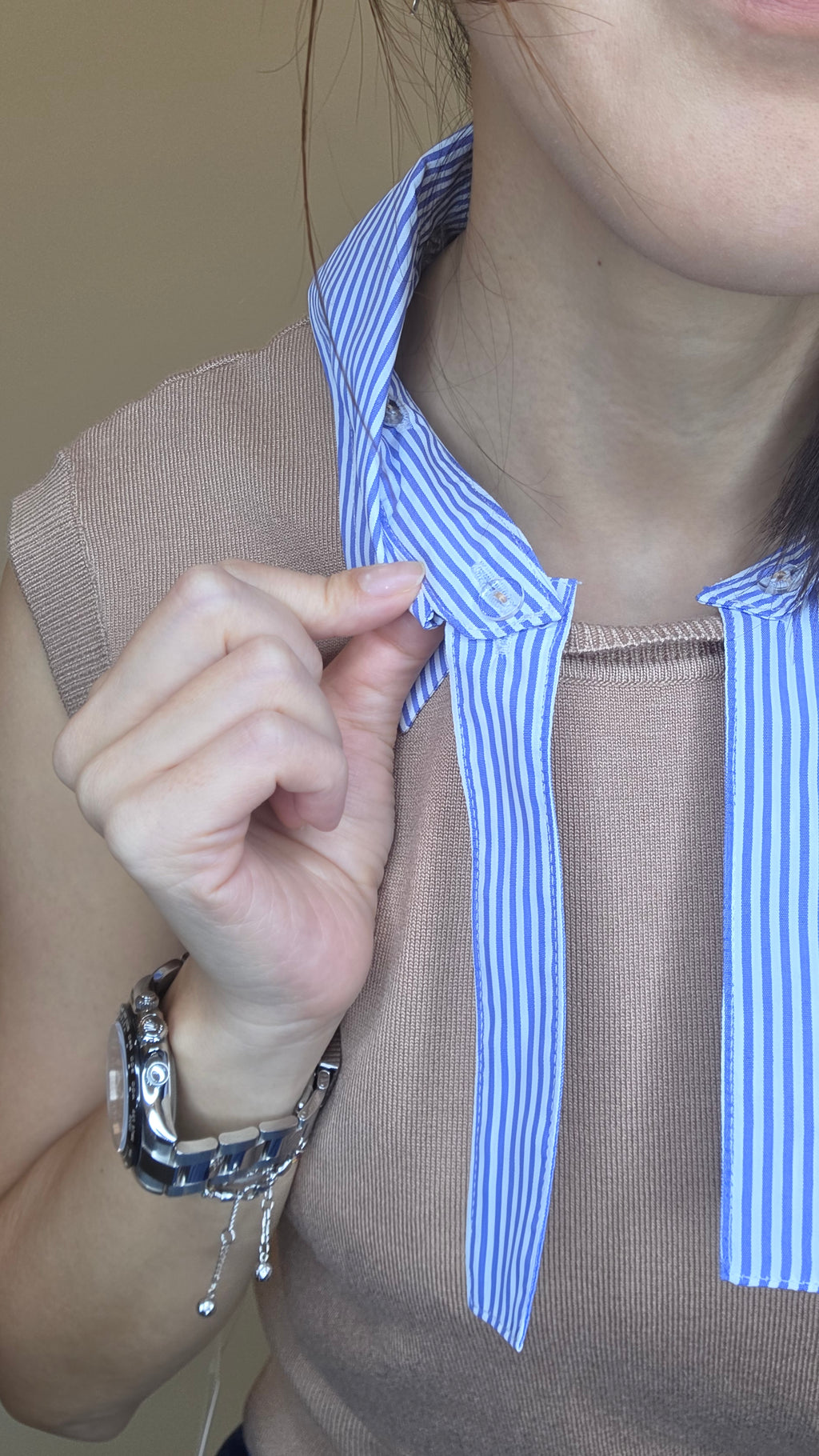 LS60605韓國條紋恤衫領綁帶無袖針織上衣｜韓系輕熟 Knit Top Korean Striped Collar Sleeveless Knit Top