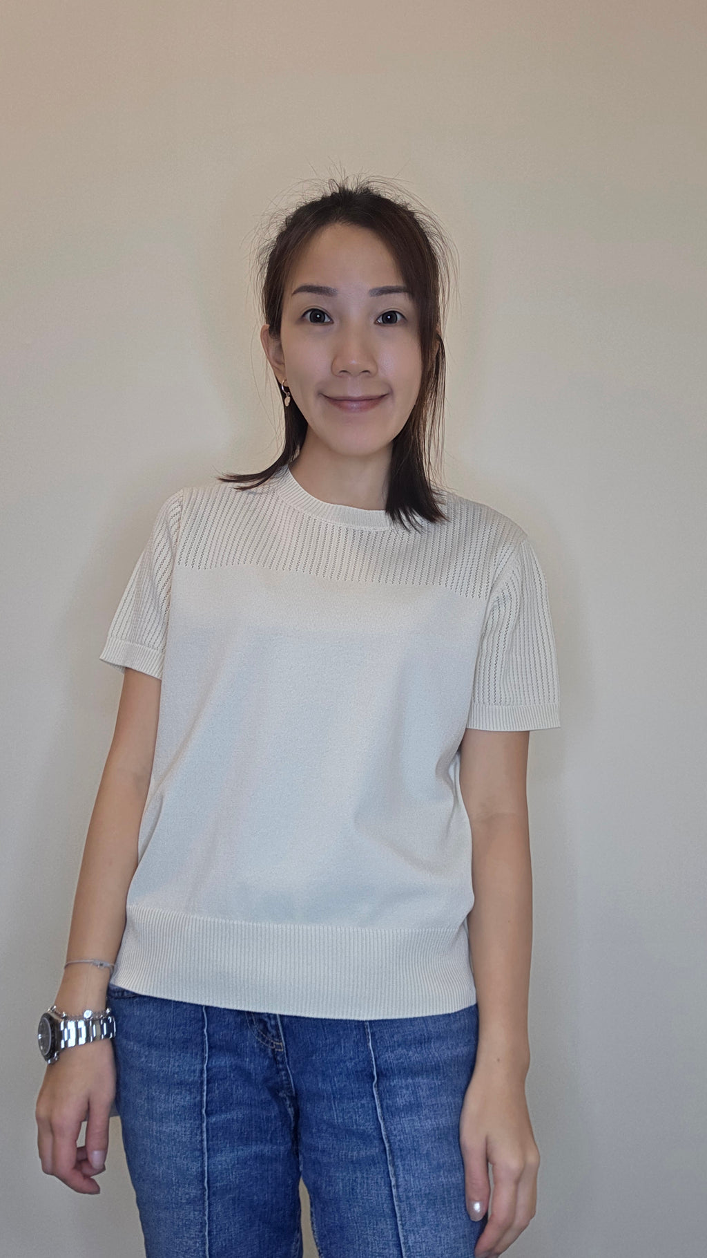 LS60611 韓國簡約鏤空拼接短袖針織上衣｜清爽百搭 Knit Top