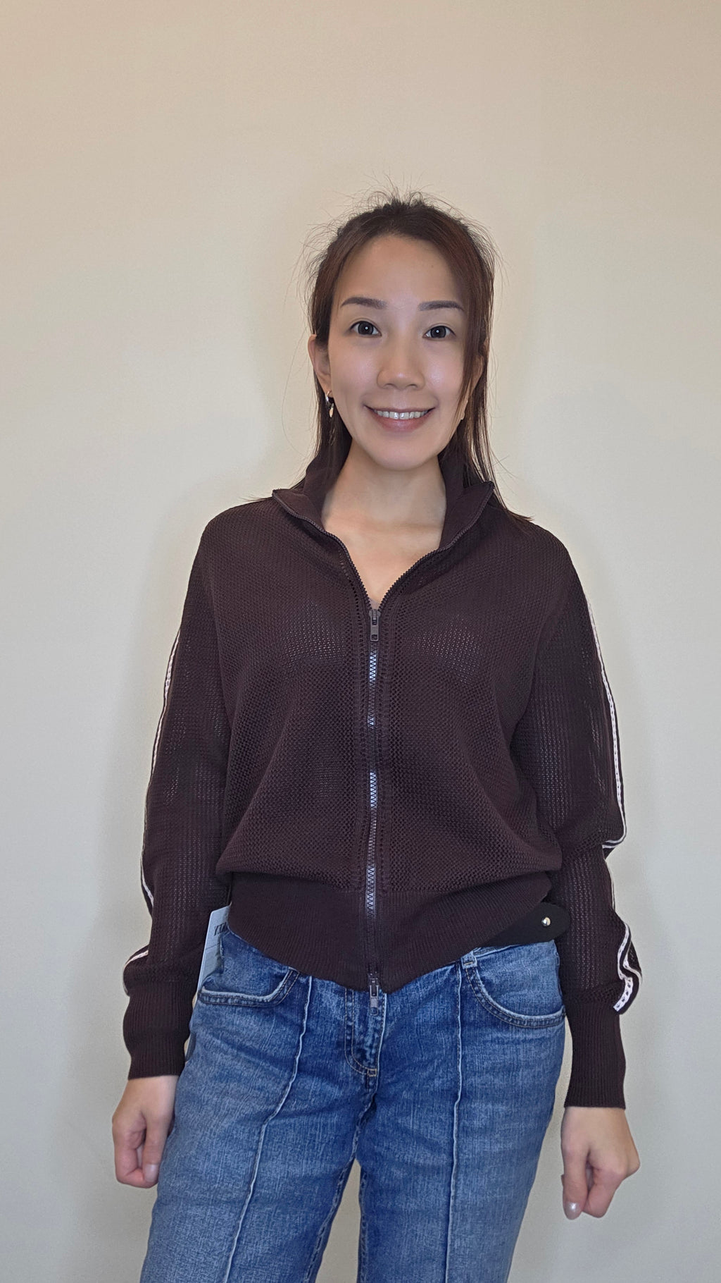 LS60609 韓國撞色織帶鏤空拉鏈針織外套｜修身休閒 Zip-Up Knit Cardigan