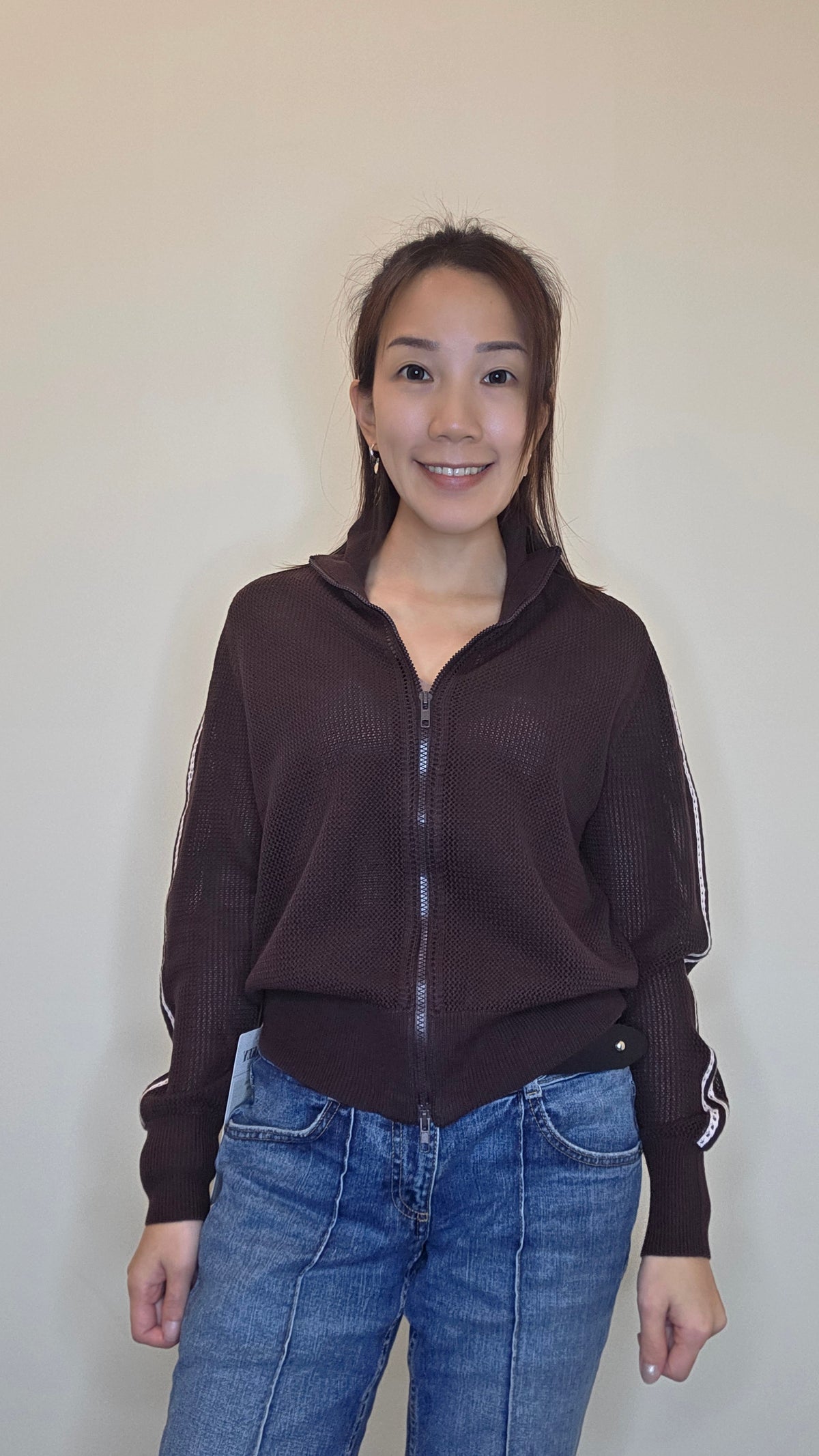 LS60609 韓國撞色織帶鏤空拉鏈針織外套｜修身休閒 Zip-Up Knit Cardigan
