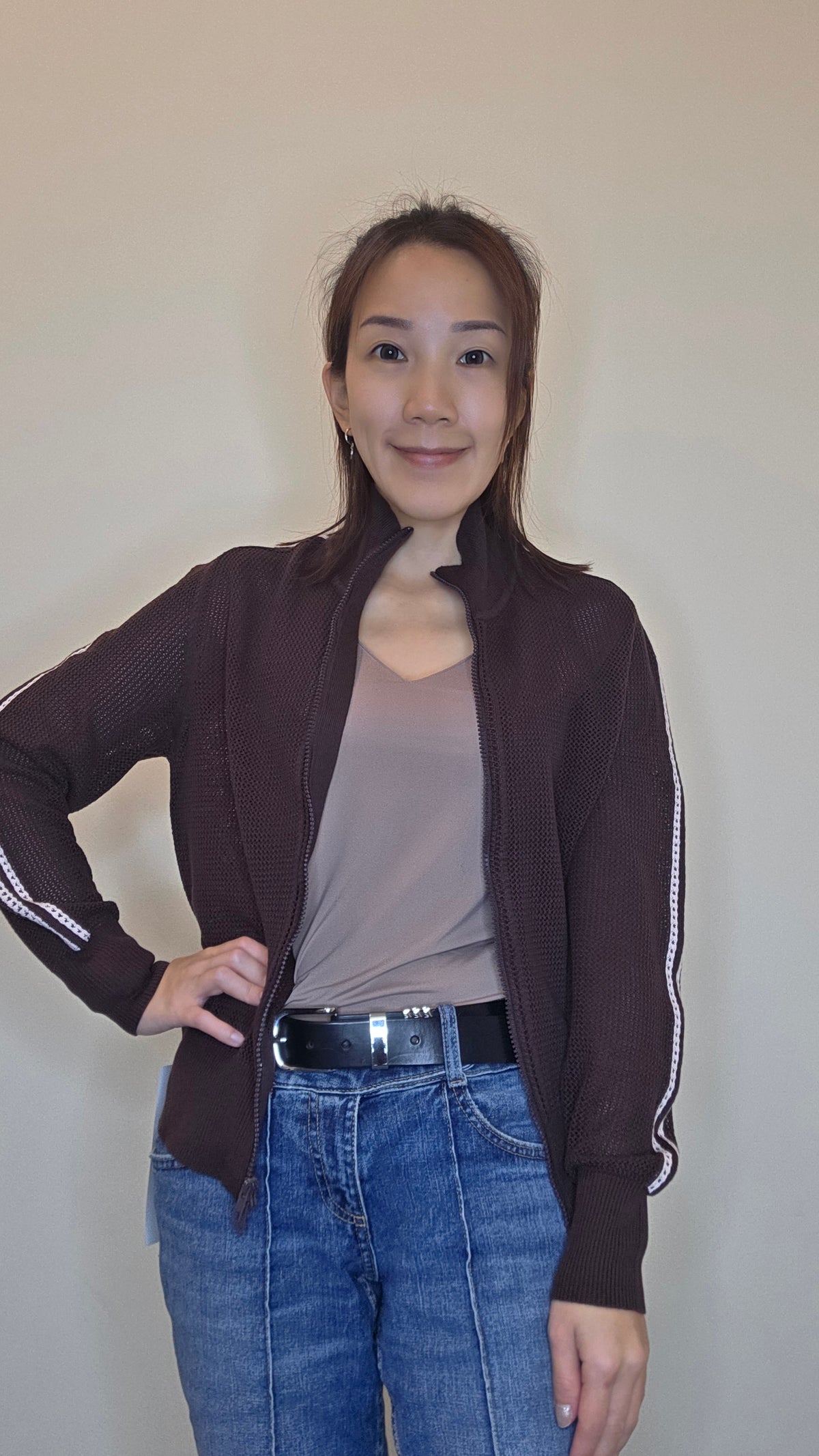 LS60609 韓國撞色織帶鏤空拉鏈針織外套｜修身休閒 Zip-Up Knit Cardigan