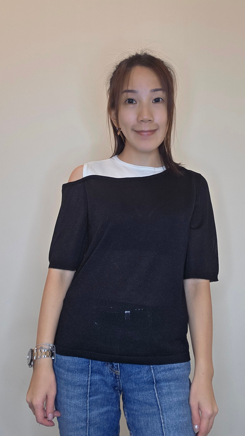 LS60606韓國假兩件露肩短袖針織上衣｜韓系黑白拼色 Knit Top Korean Layered Cold Shoulder Knit Top