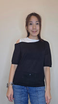 LS60606韓國假兩件露肩短袖針織上衣｜韓系黑白拼色 Knit Top Korean Layered Cold Shoulder Knit Top
