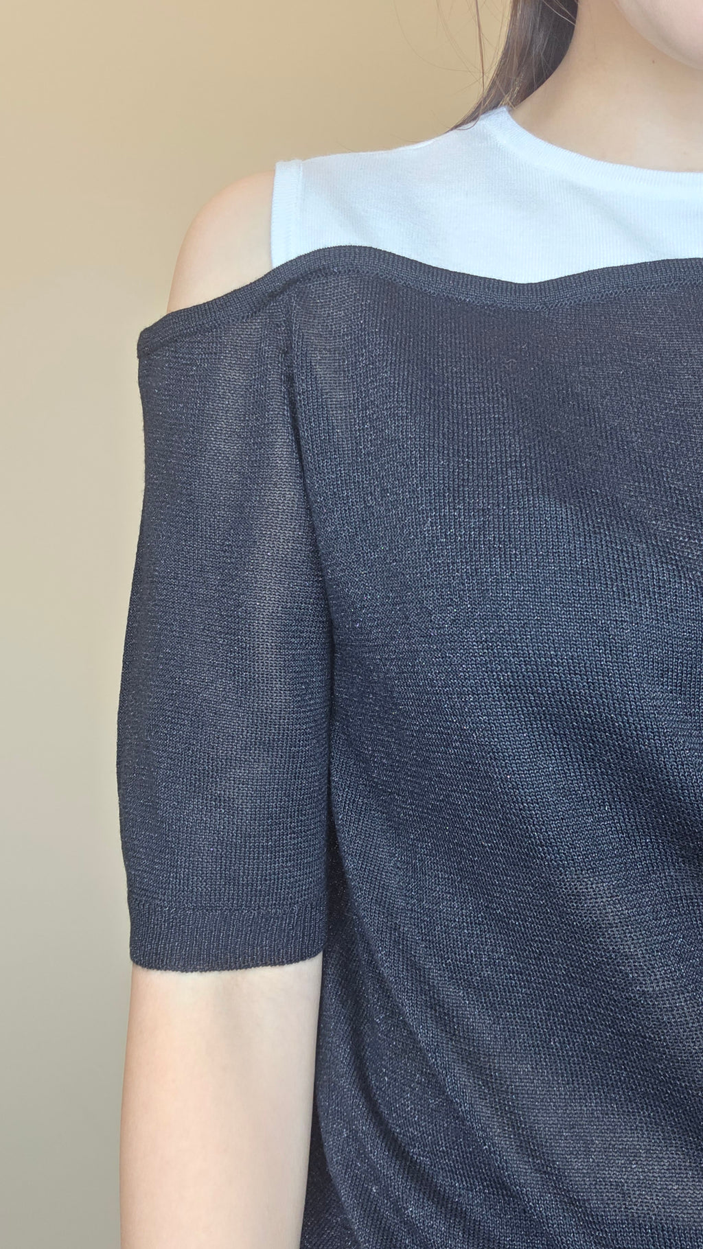 LS60606韓國假兩件露肩短袖針織上衣｜韓系黑白拼色 Knit Top Korean Layered Cold Shoulder Knit Top