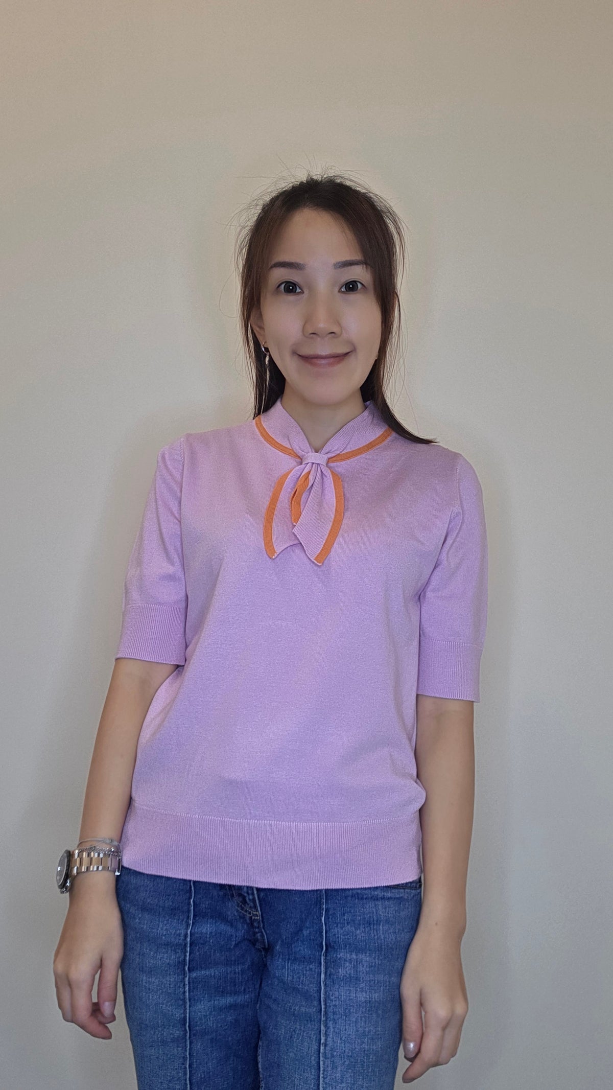 LS60608 韓國撞色蝴蝶結領短袖針織上衣｜甜美知性 Knit Top