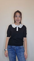 LS60610 韓國珍珠荷葉領短袖針織上衣｜甜美撞色 Knit Top