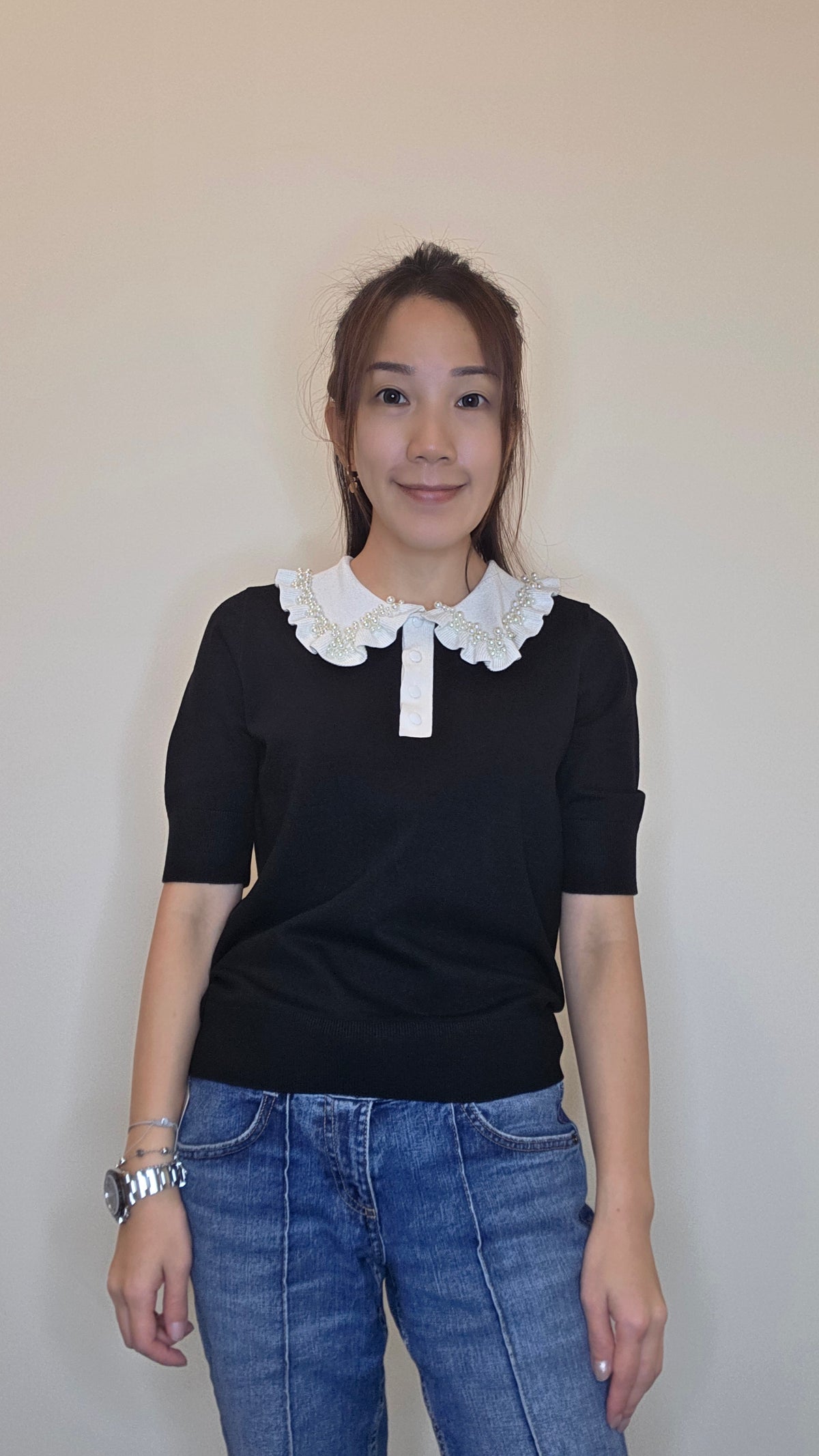 LS60610 韓國珍珠荷葉領短袖針織上衣｜甜美撞色 Knit Top