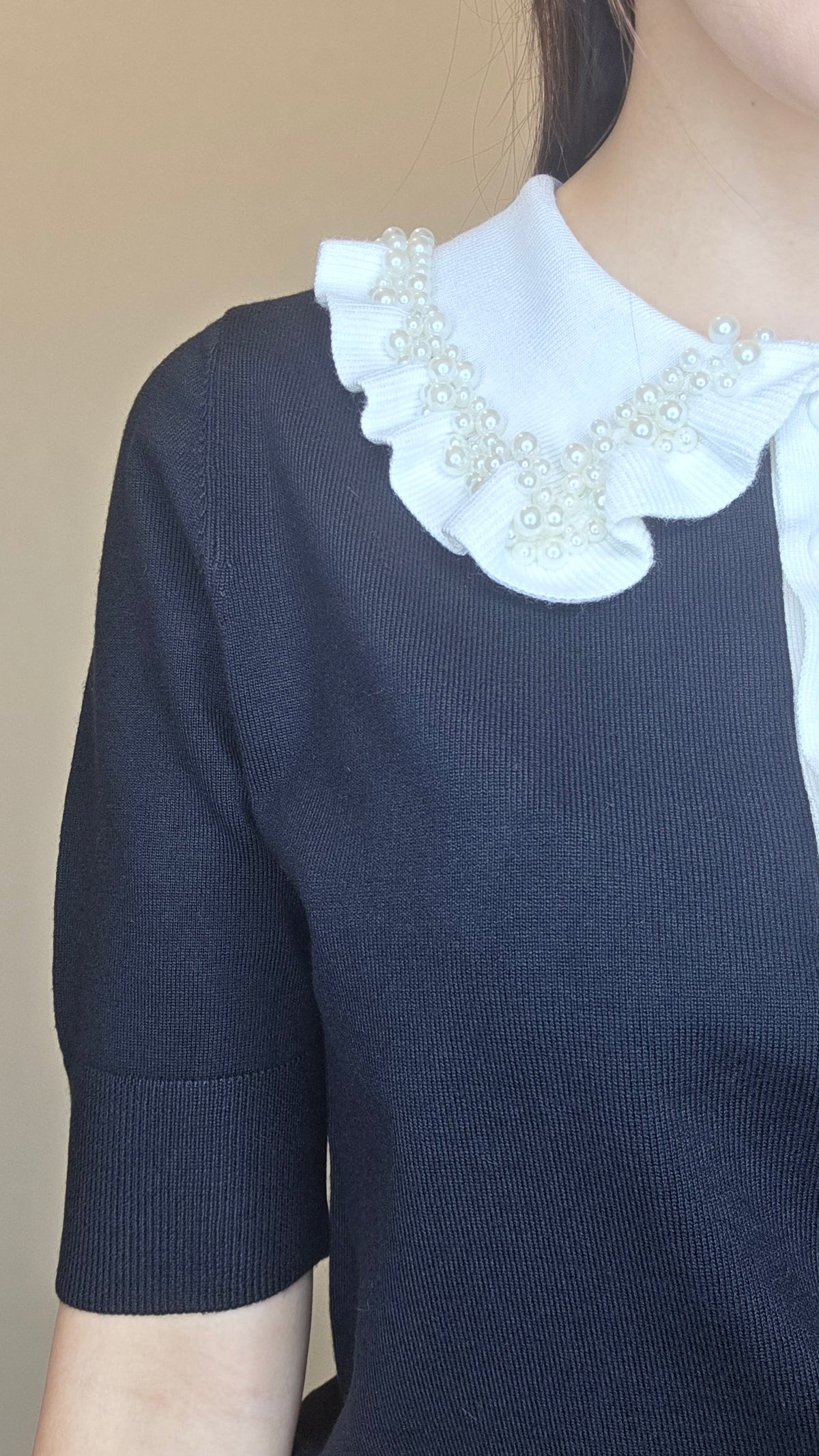 LS60610 韓國珍珠荷葉領短袖針織上衣｜甜美撞色 Knit Top
