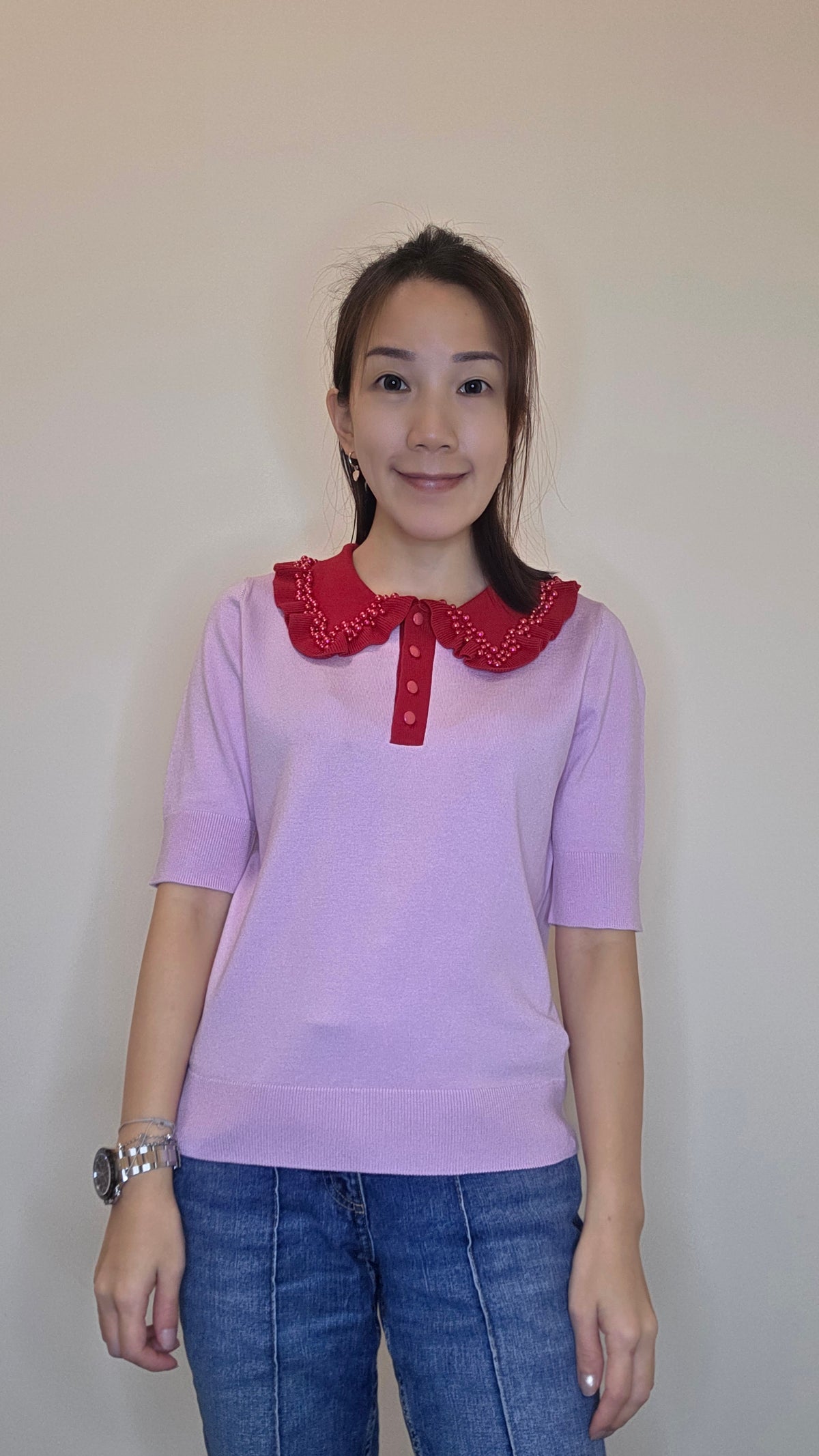 LS60610 韓國珍珠荷葉領短袖針織上衣｜甜美撞色 Knit Top