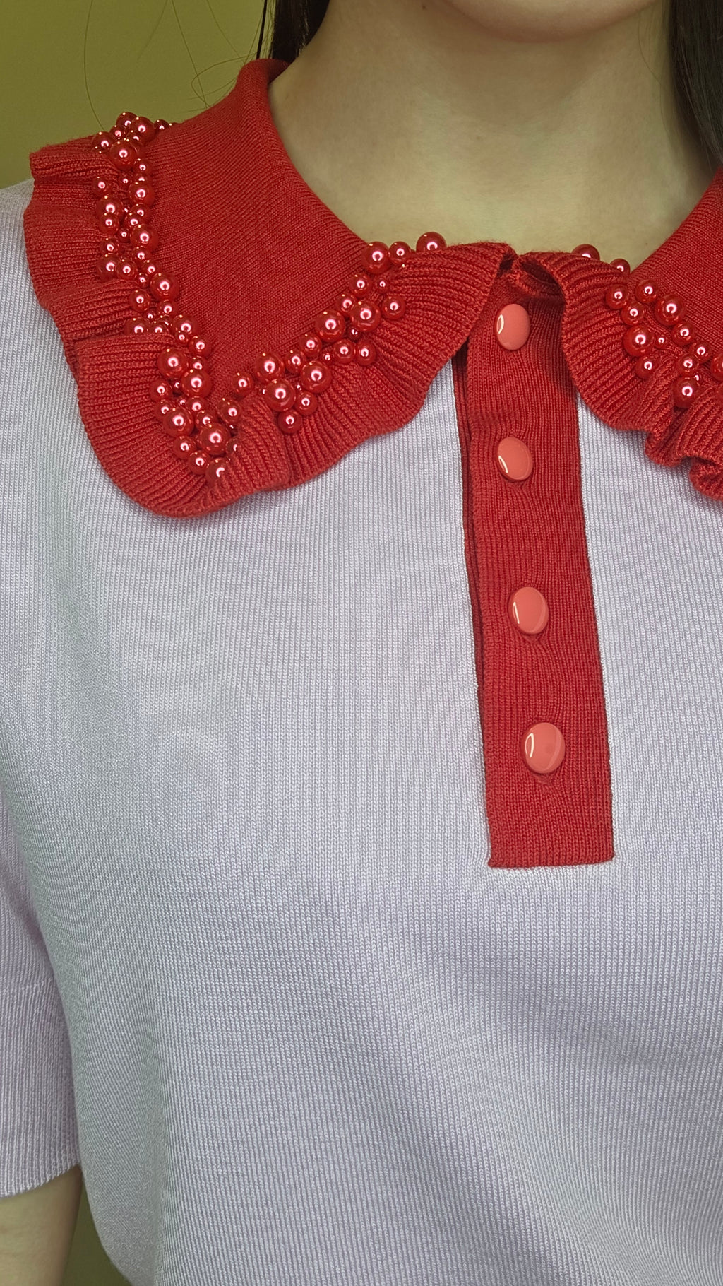 LS60610 韓國珍珠荷葉領短袖針織上衣｜甜美撞色 Knit Top