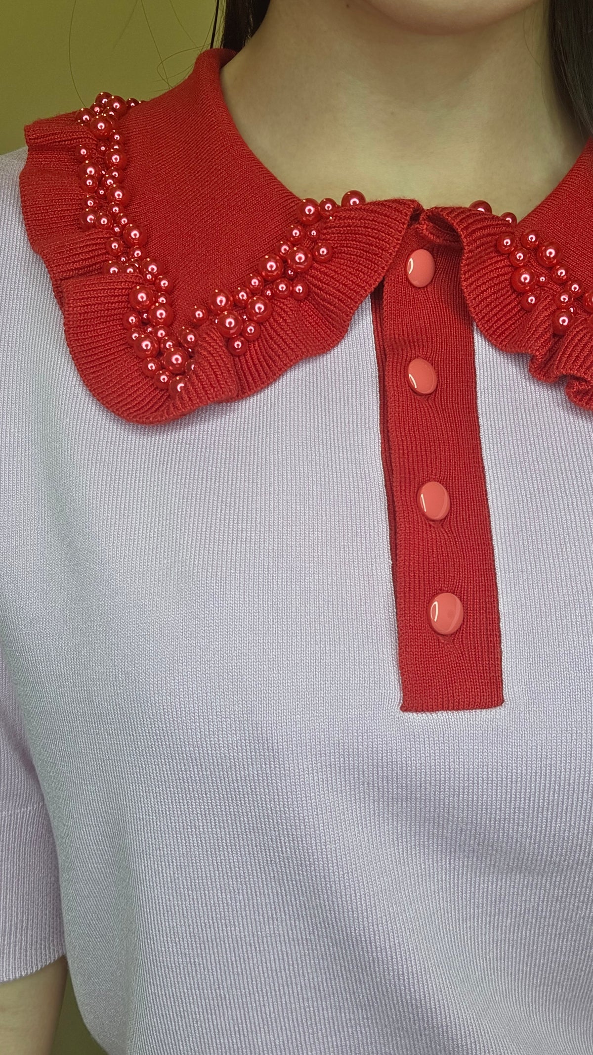 LS60610 韓國珍珠荷葉領短袖針織上衣｜甜美撞色 Knit Top
