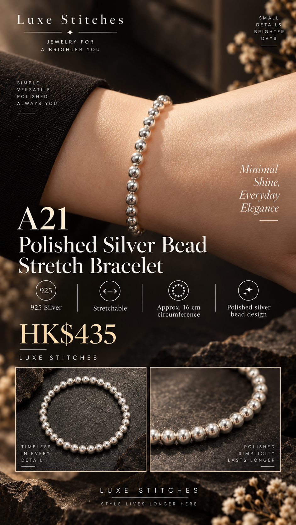 A21 Polished Silver Bead Stretch Bracelet