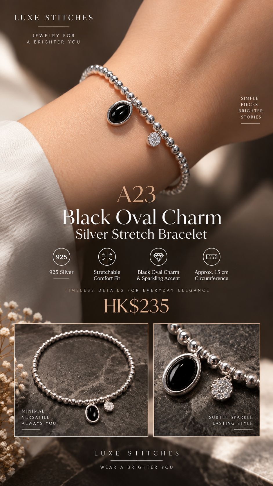A23 Black Oval Charm Silver Stretch Bracelet