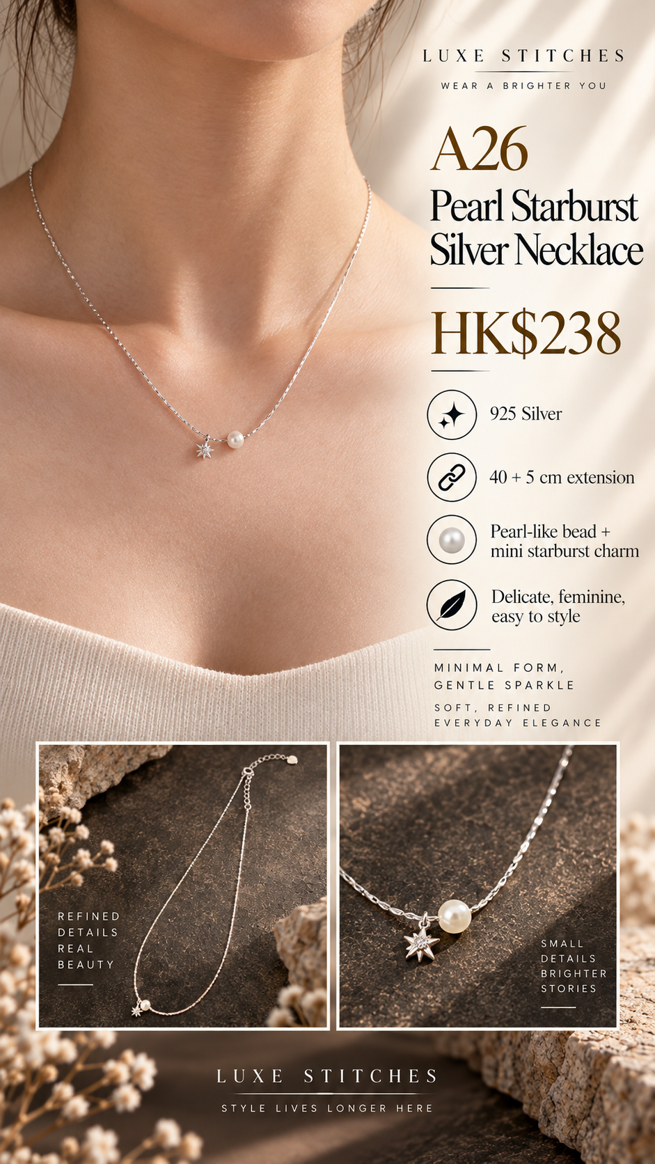 A26 Pearl Starburst Silver Necklace