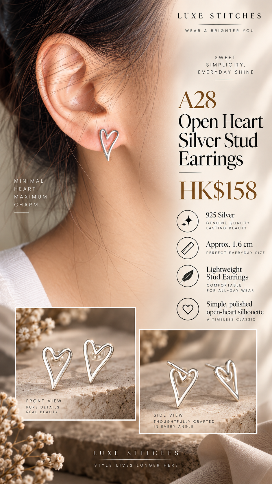 A28 Open Heart Silver Stud Earrings