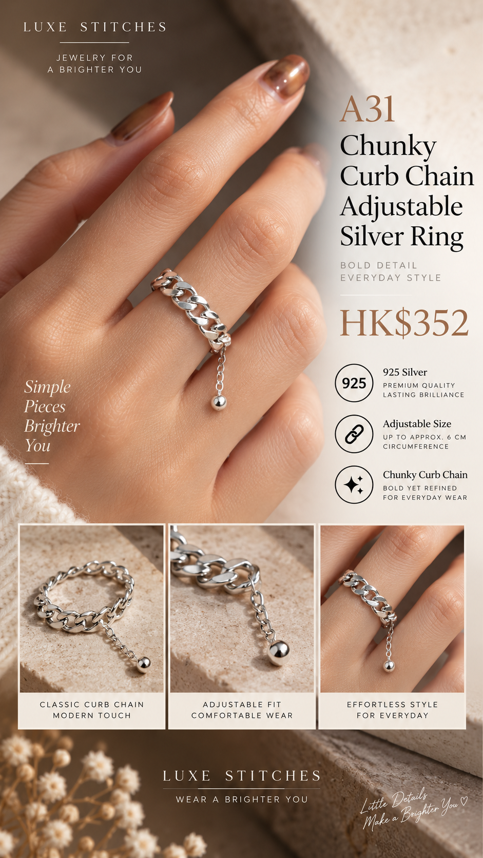 A31 Chunky Curb Chain Adjustable Silver Ring