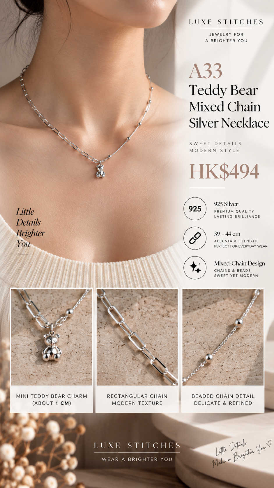 A33 Teddy Bear Mixed Chain Silver Necklace