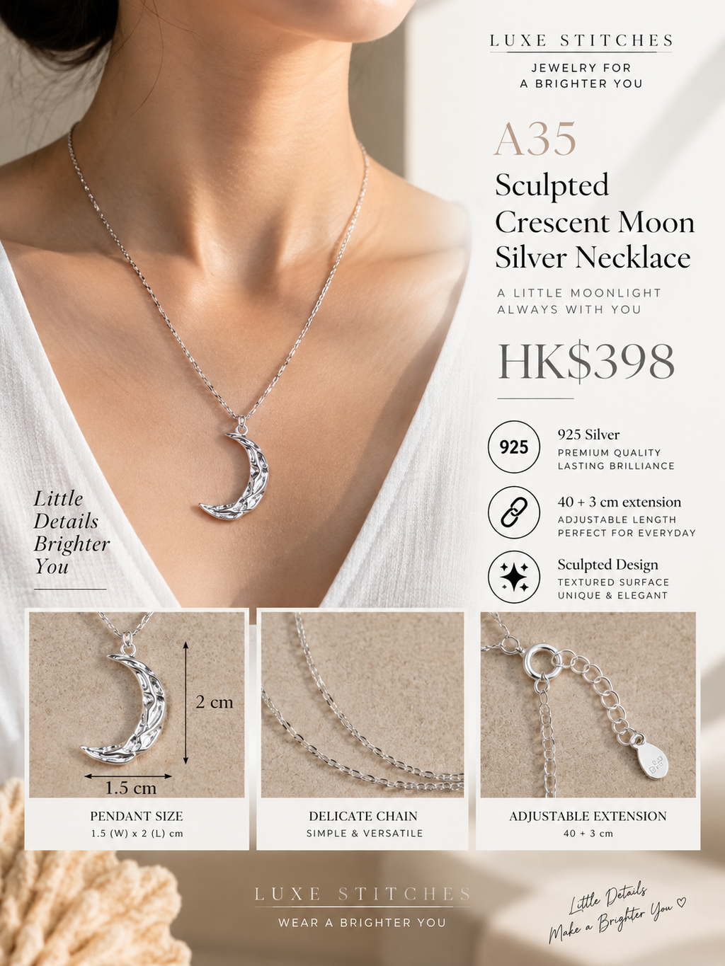 A35 Sculpted Crescent Moon Silver Necklace