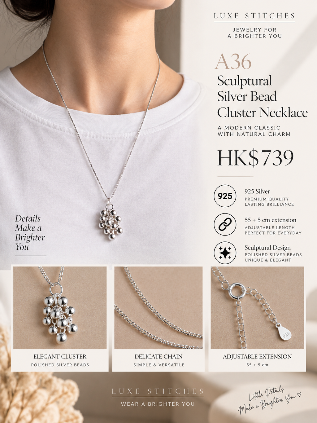 A36 Sculptural Silver Bead Cluster Necklace