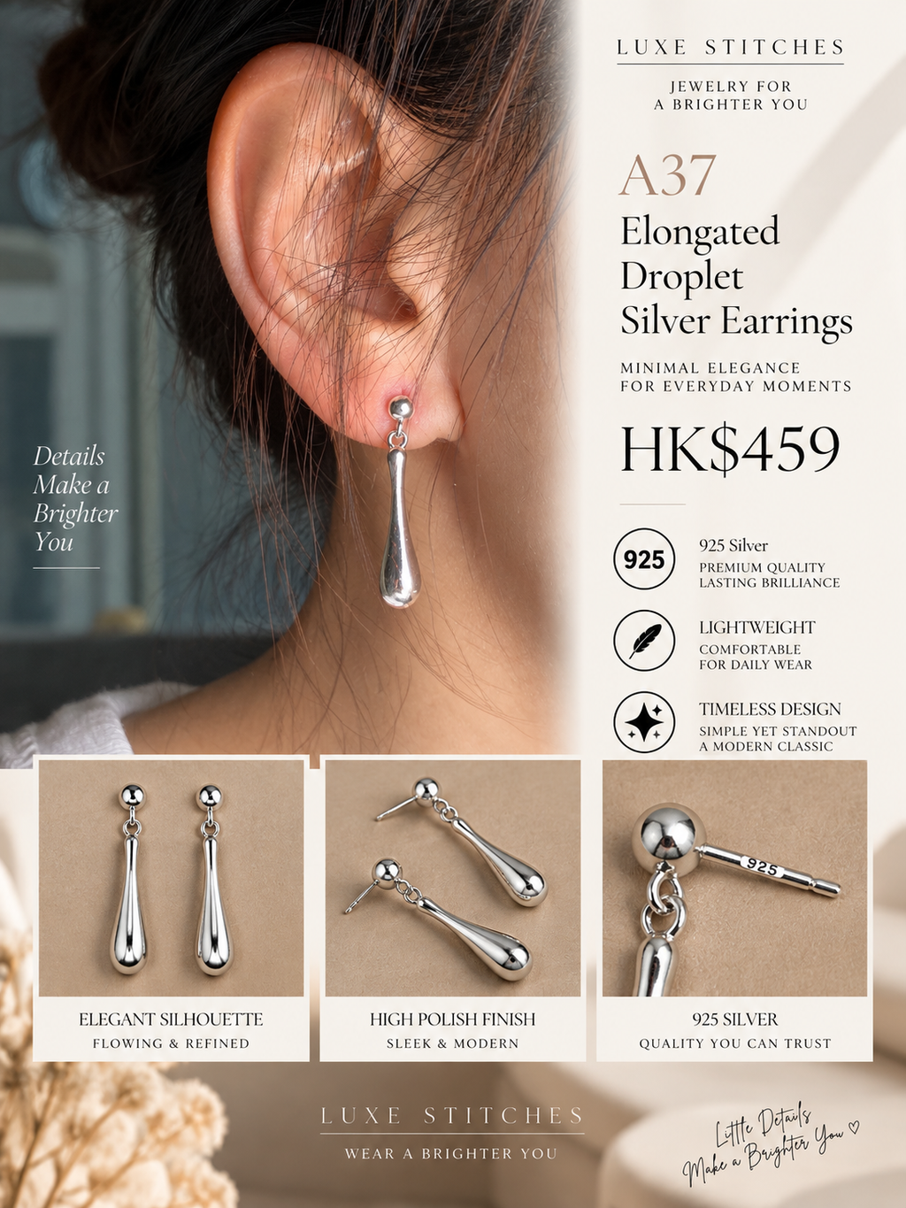 A37 Elongated Droplet Silver Earrings