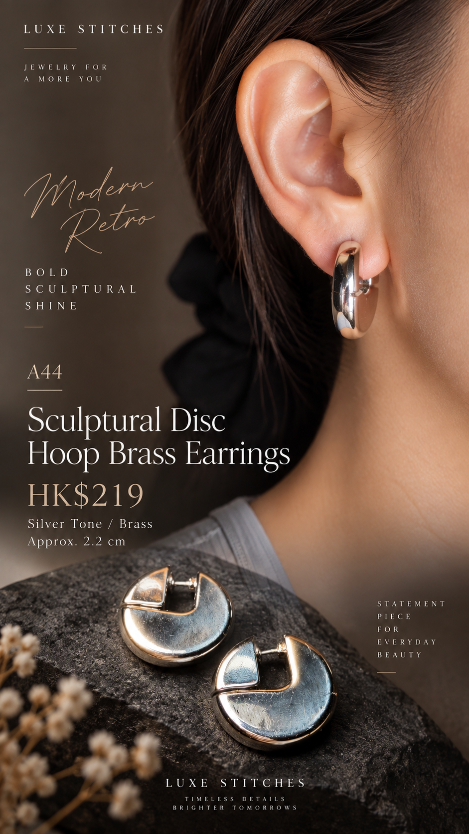 A44 Sculptural Disc Hoop Brass Earrings