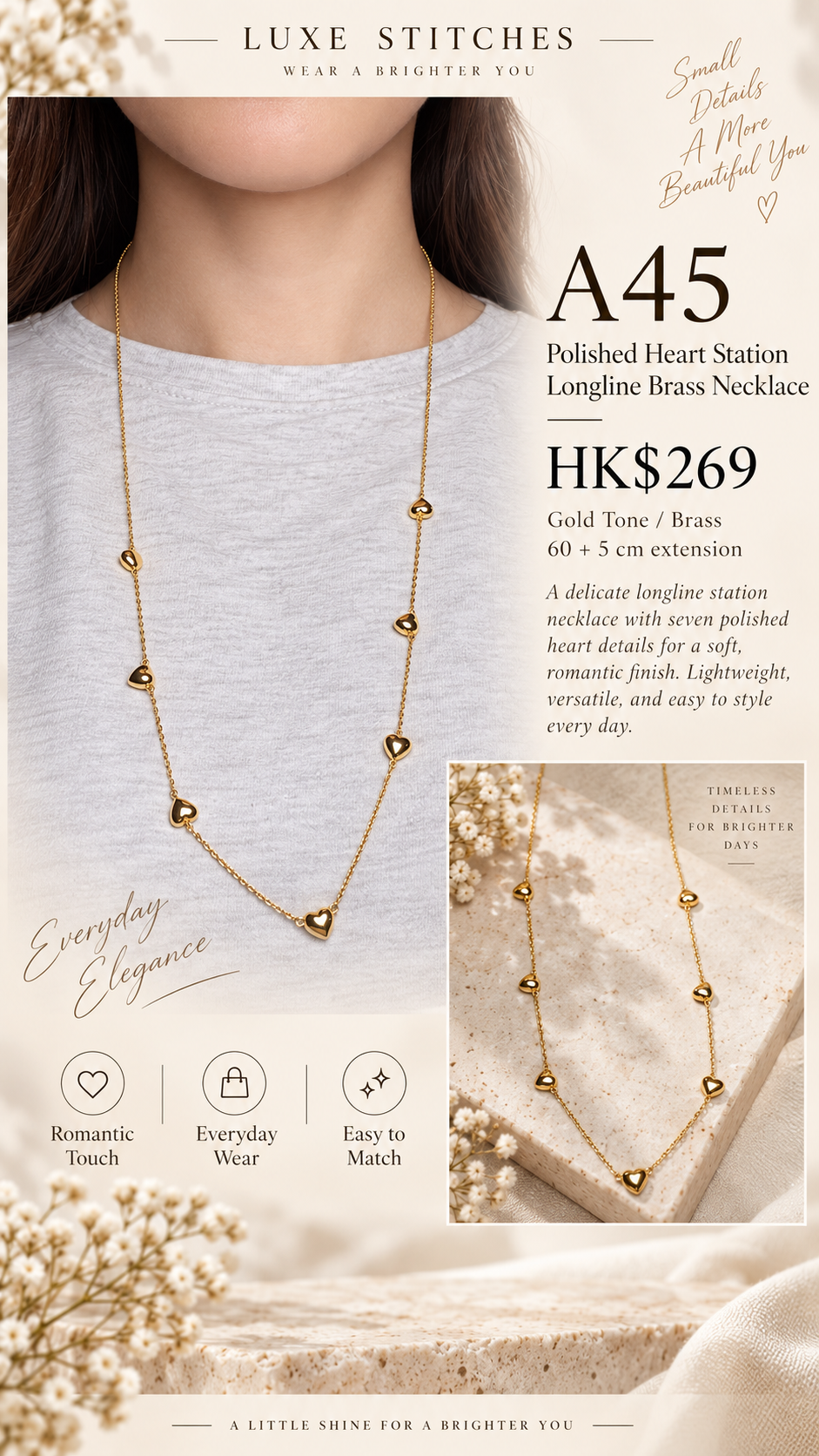A45 Polished Heart Station Longline Brass Necklace