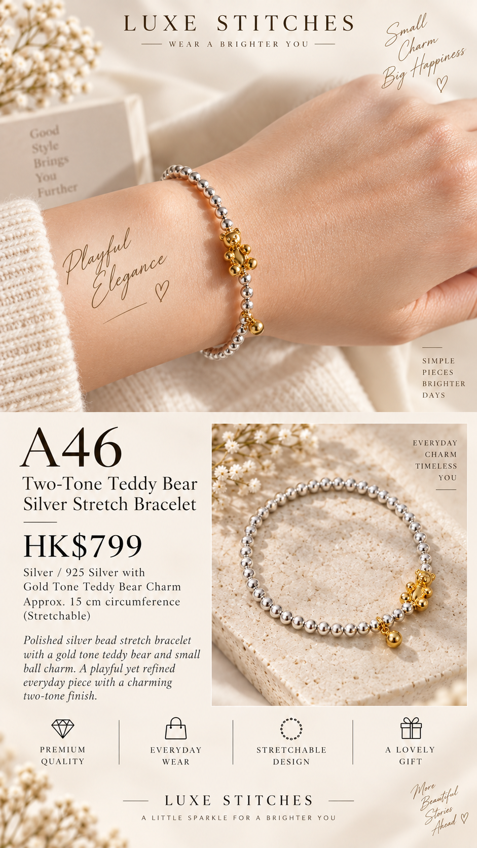 A46 Two-Tone Teddy Bear Silver Stretch Bracelet