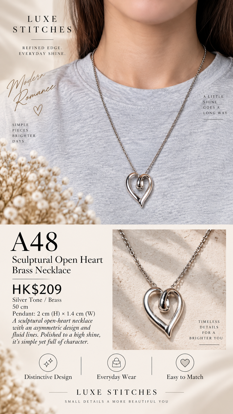 A48 Sculptural Open Heart Brass Necklace