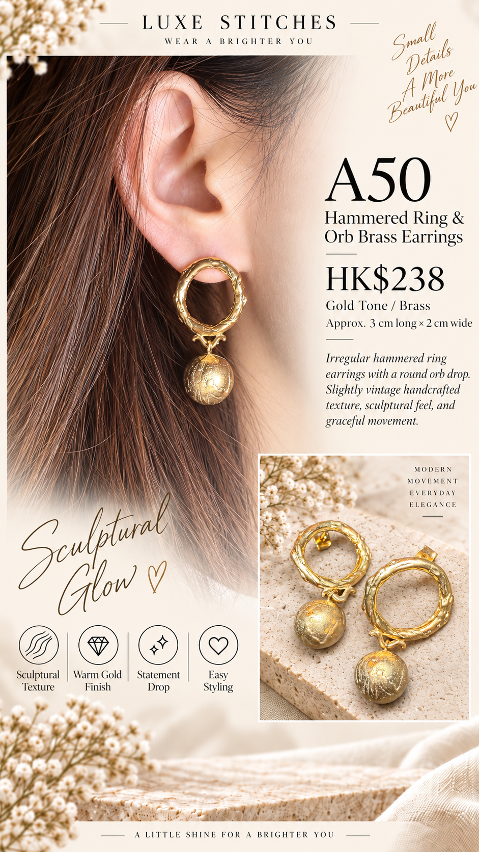 A50 Hammered Ring & Orb Brass Earrings