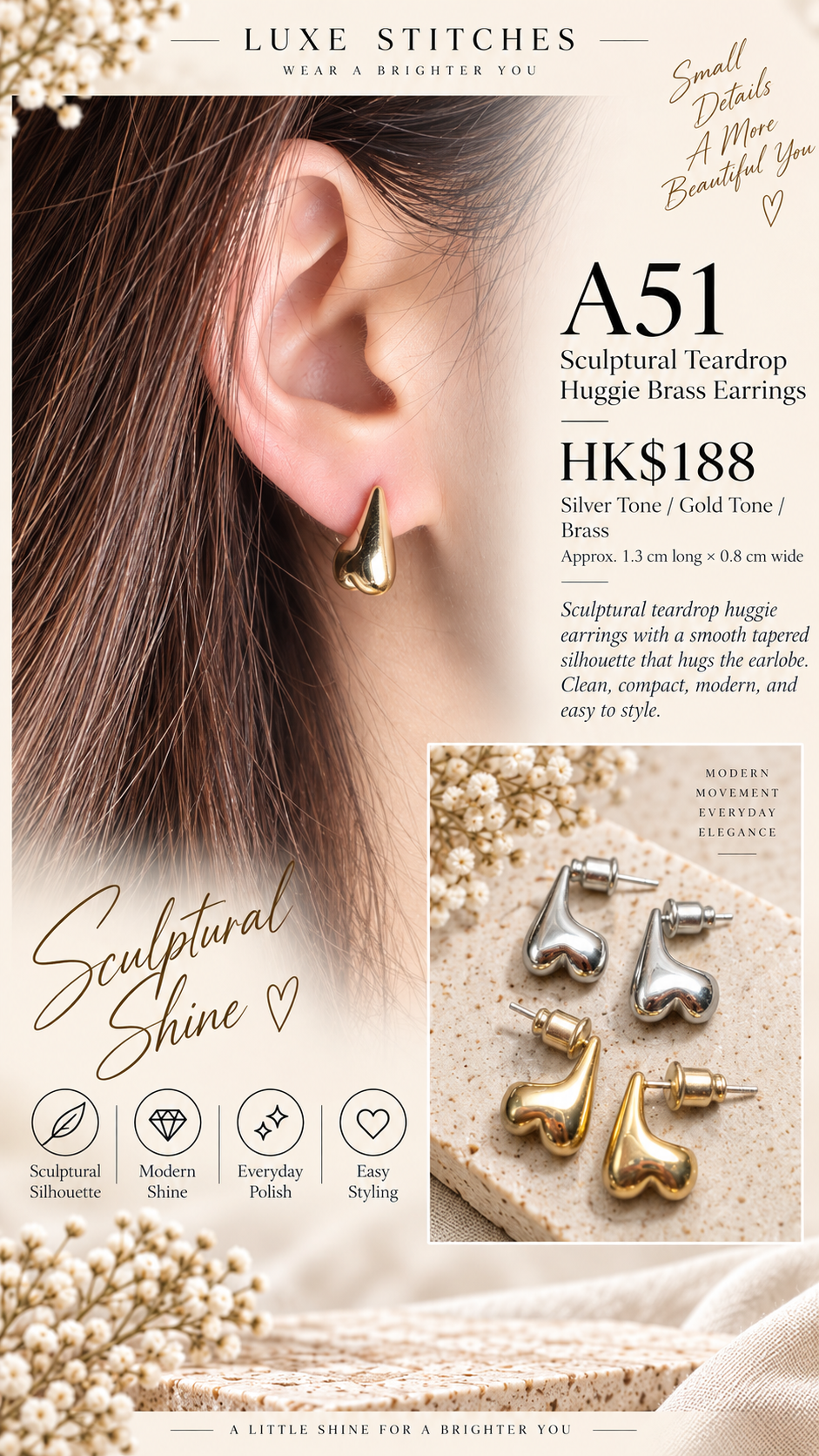 A51 Sculptural Teardrop Huggie Brass Earrings