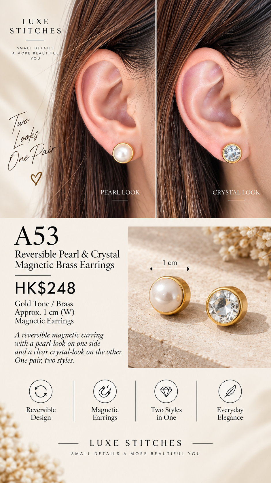 A53 Reversible Pearl & Crystal Magnetic Brass Earrings