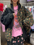 CL61001 黑色碎花拼接連帽拉鏈外套 實穿正面