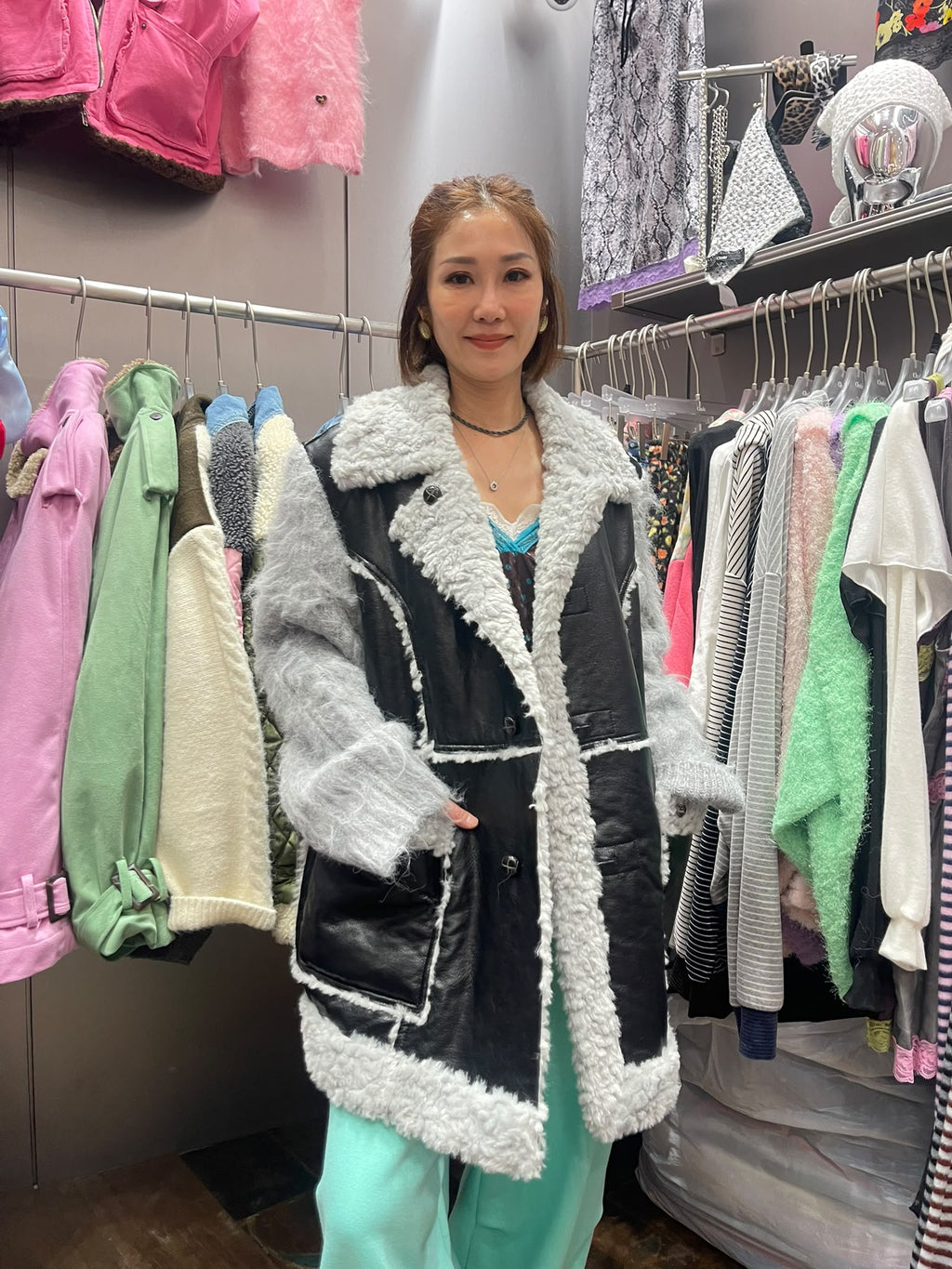 CL61013 黑色羊羔絨拼接外套實穿圖