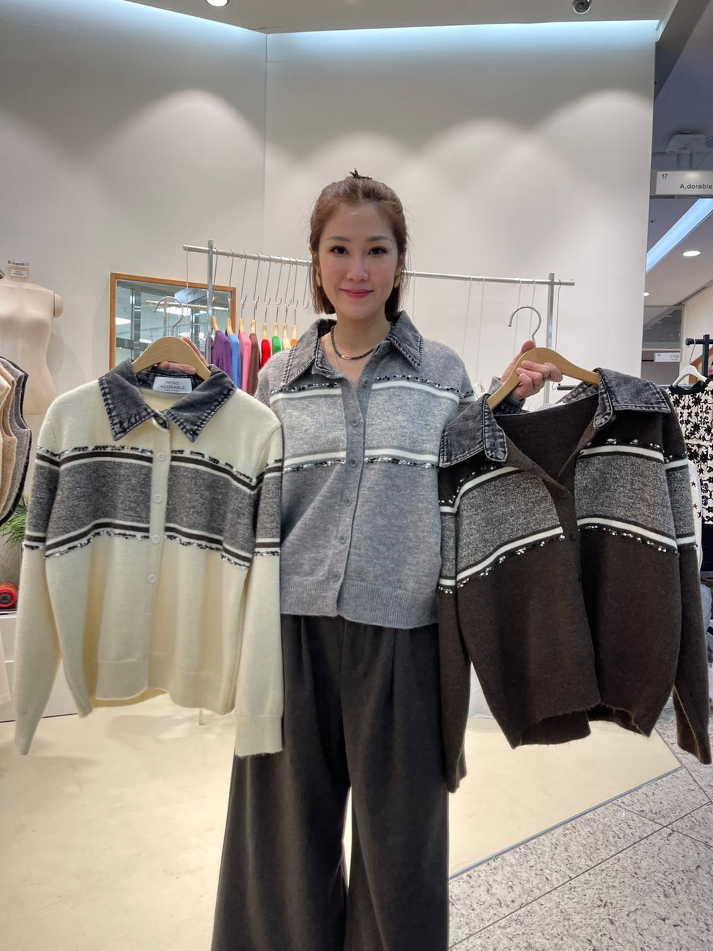 LUXE STITCHES INTRO ADORABLE LAD61013 翻領橫間拼接針織外套－商品圖片 4