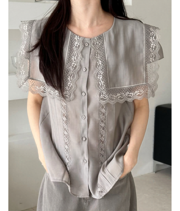 LOG60601 韓國 FLAT_OGI 蕾絲領拼接短袖上衣｜韓系優雅鈕扣恤衫 Lace Collar Blouse