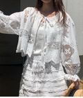 LVN60601韓國鏤空刺繡綁帶泡泡袖上衣｜韓系短版蕾絲罩衫 Korean Eyelet Lace Blouse